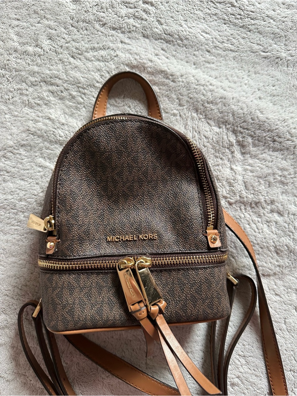 MICHAEL KORS Brown Logo-Print Mini Backpack with Gold Hardware
